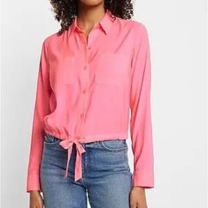 Express Relaxed Cinched Tie Bottom Portofino Shirt, Size L